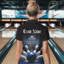 Load image into Gallery viewer, Custom Blue Celtic Cross Faith Bowling Quarter-Zip Team Shirts For Women, Bowlers Outfit IPHW11305
