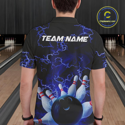 Custom Electric Blue Thunder Lightning Men Bowling Polo Team Shirts, Bowling Jerseys IPHW9504