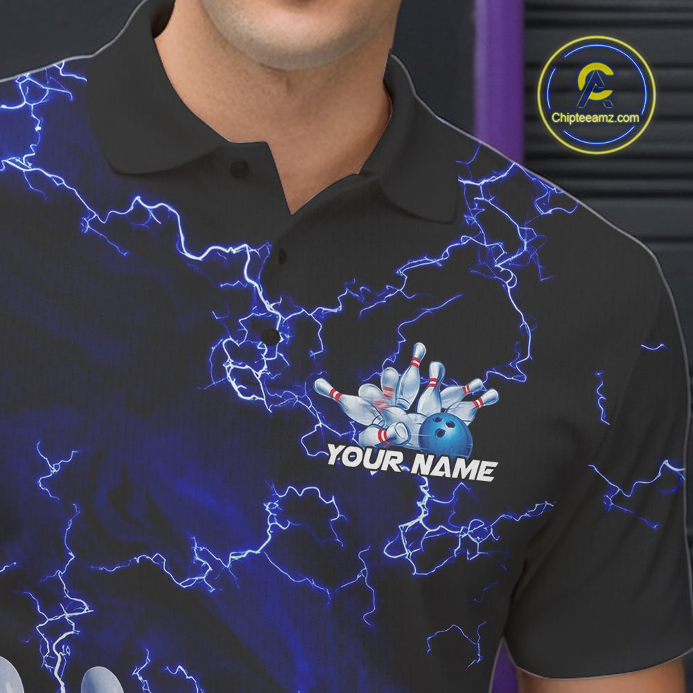 Custom Electric Blue Thunder Lightning Men Bowling Polo Team Shirts, Bowling Jerseys IPHW9504