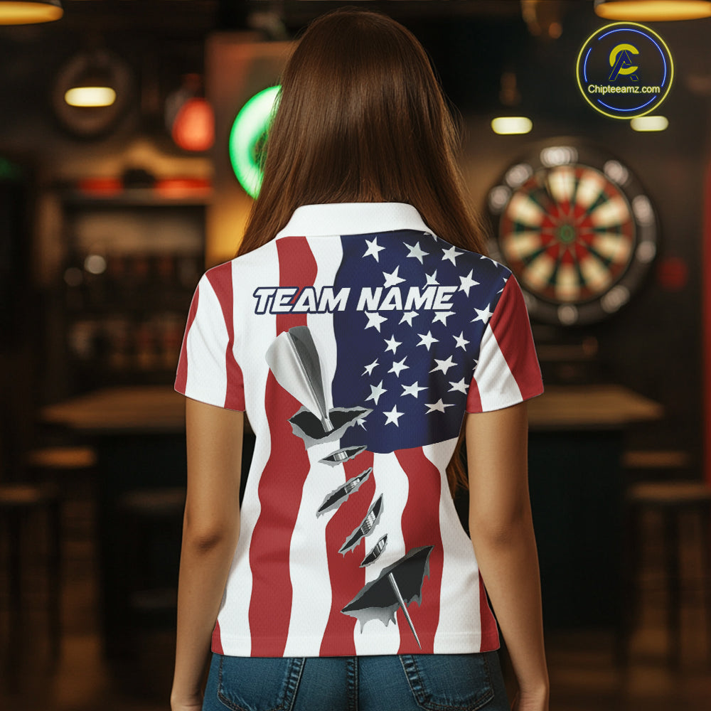 Custom Patriotic US Flag Silver Dart Steel Tip Dart Women Polo Shirt, Dart Team Jerseys IPHW9875