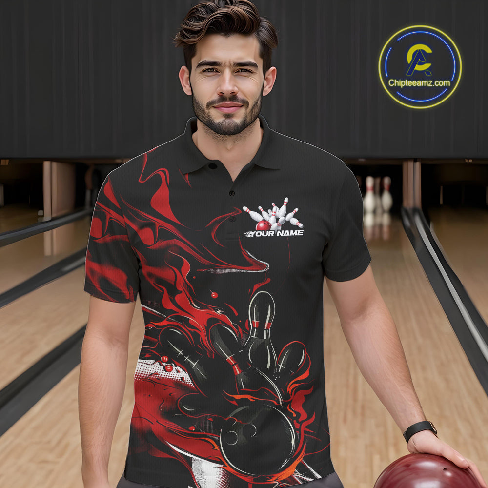 Custom Black And Red Camo Flame Bowling Team Polo Shirts For Men, Bowling Jerseys IPHW9877
