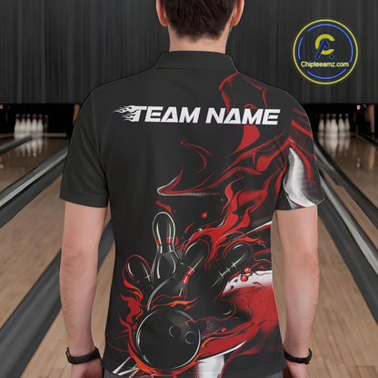 Custom Black And Red Camo Flame Bowling Team Polo Shirts For Men, Bowling Jerseys IPHW9877
