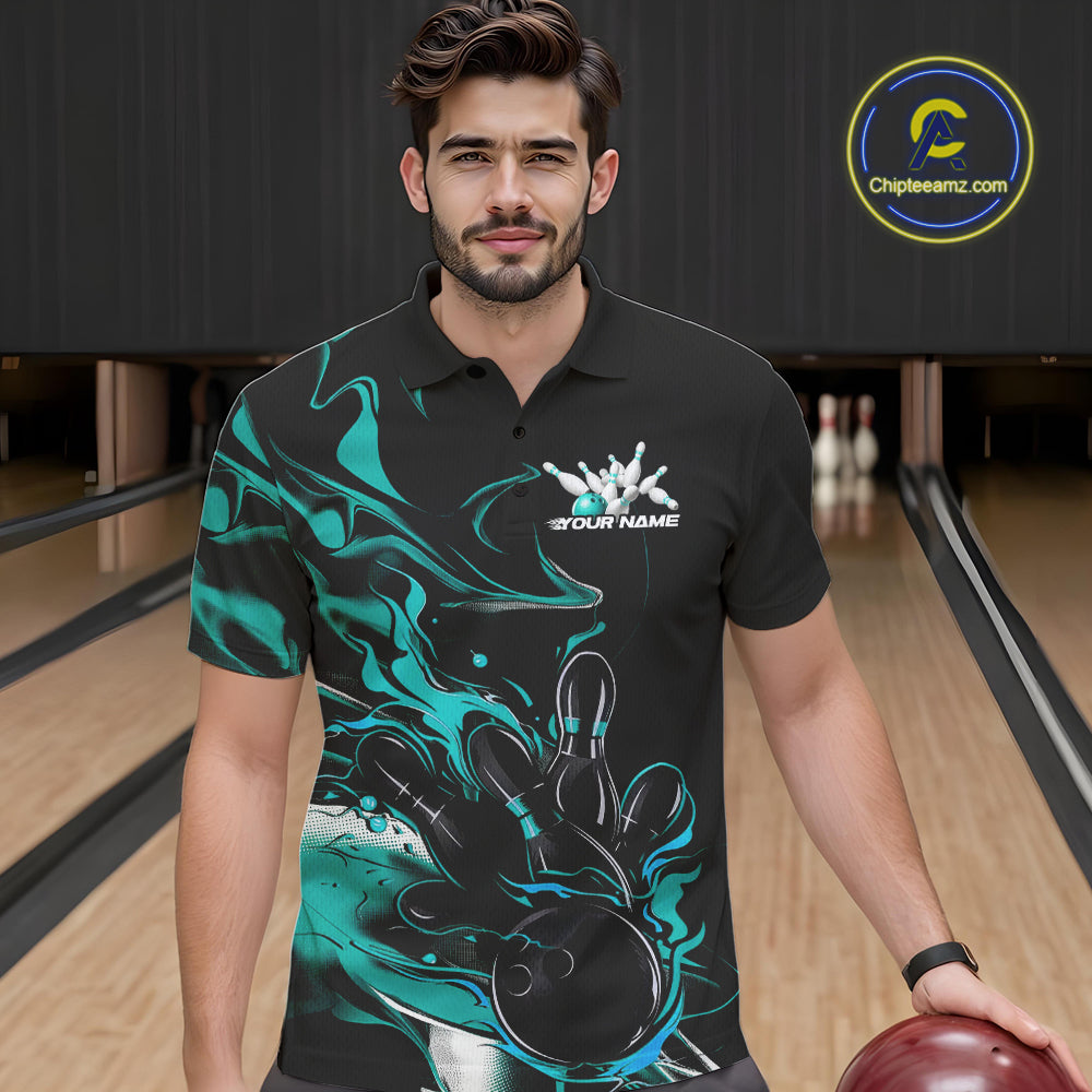 Custom Black And Turquoise Blue Camo Flame Bowling Team Men Polo Shirts, Bowling Jerseys IPHW9878