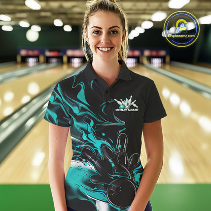 Custom Black And Turquoise Blue Camo Flame Bowling Team Women Polo Shirt, Bowling Jerseys IPHW9878