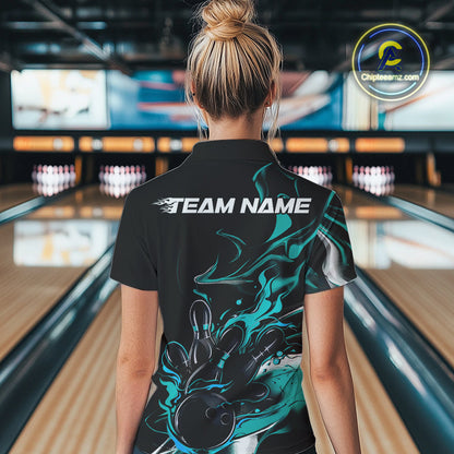 Custom Black And Turquoise Blue Camo Flame Bowling Team Women Polo Shirt, Bowling Jerseys IPHW9878