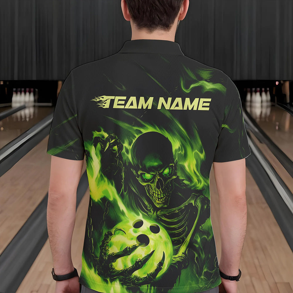 Black And Green Flame Skull Custom Bowling Polo Shirts For Men, Skeleton Bowling Team Shirt IPHW8400