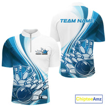Load image into Gallery viewer, Custom White And Blue Classic Retro Style Men Quarter-Zip Bowling Tournament Shirt IPHW11324