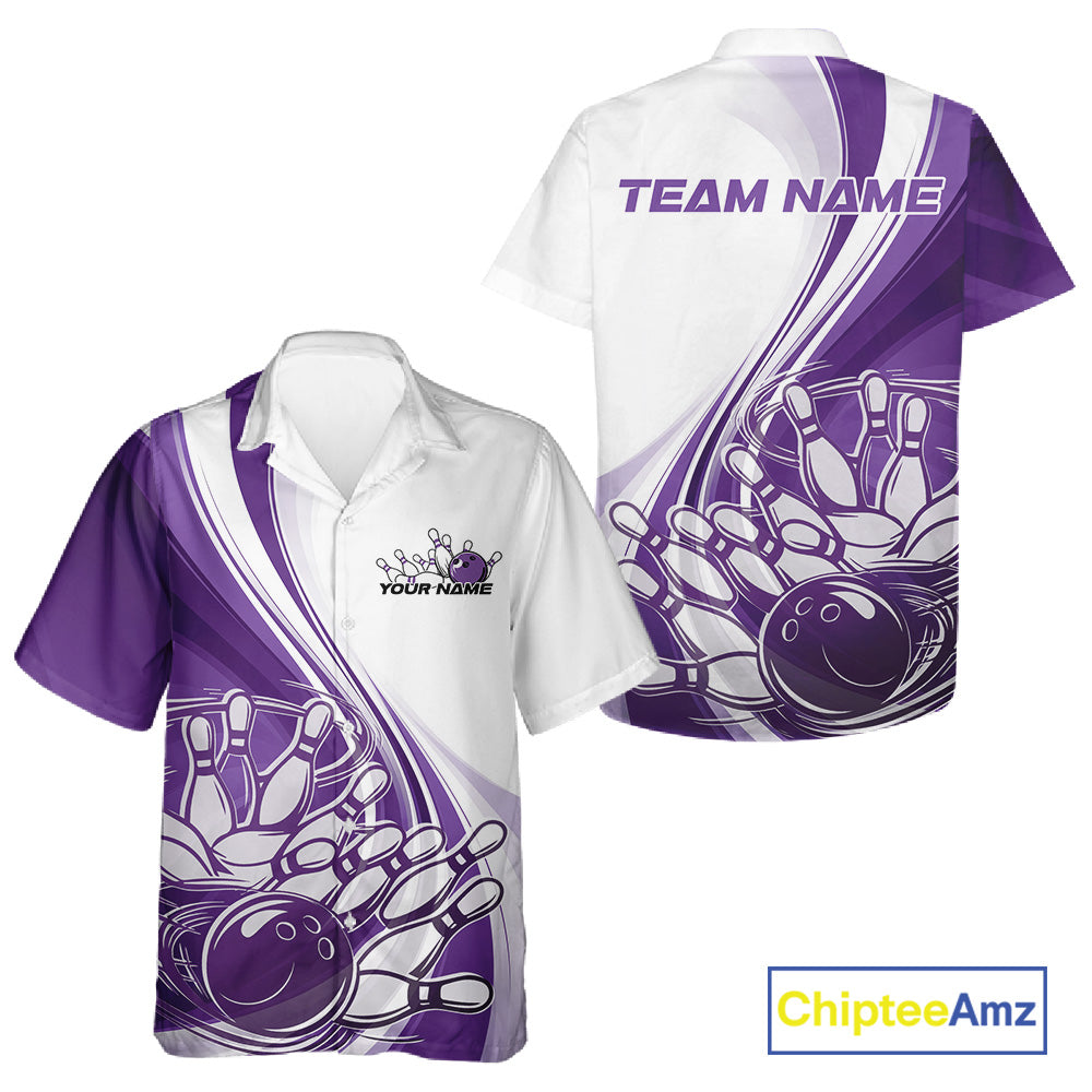 Front and back view of a button-up bowling shirt mockup in white and purple, featuring a dynamic sweeping curve bowling strike design with ball and pins.