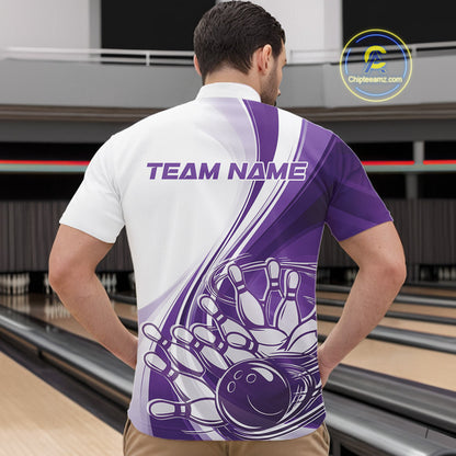 Male model in a bowling venue wearing a white and purple quarter zip shirt, featuring a dynamic sweeping curve illustration of a bowling ball striking pins.