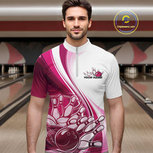 Load image into Gallery viewer, Custom White And Pink Classic Retro Style Men Quarter-Zip Bowling Tournament Shirt IPHW11327