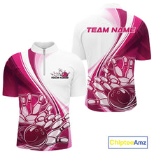 Load image into Gallery viewer, Custom White And Pink Classic Retro Style Men Quarter-Zip Bowling Tournament Shirt IPHW11327