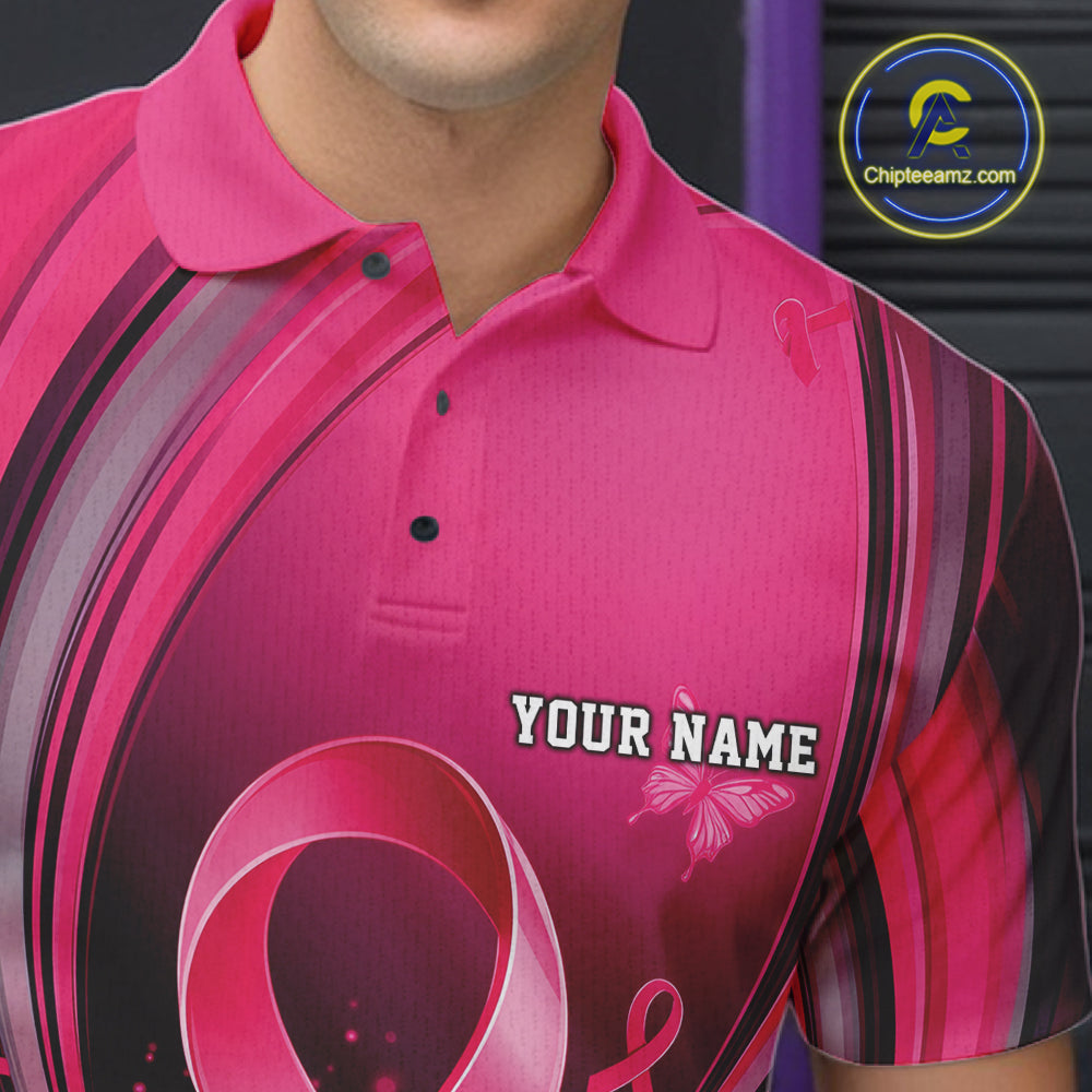 Close-up left chest view of a pink and black bowling polo with breast cancer awareness ribbon artwork and bowling graphics