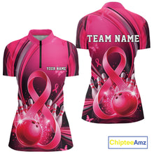 Load image into Gallery viewer, Front and back mockup of a womens pink and black bowling quarter zip featuring breast cancer awareness ribbons and bowling graphics