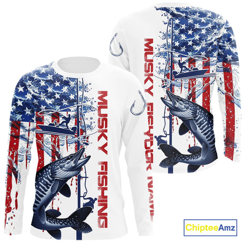 Custom Patriotic Musky Long Sleeve Fishing Shirts, Watercolor US Flag Muskie Fishing Jersey IPHW9163