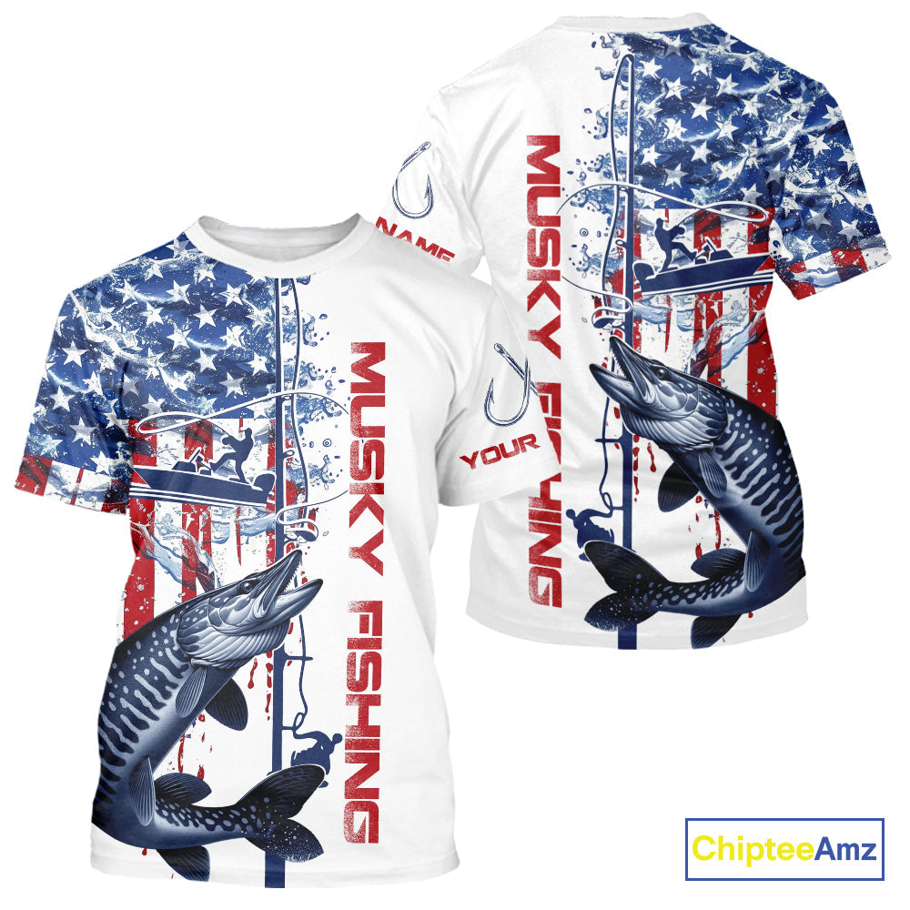 Custom Patriotic Musky Fishing T-Shirts, Watercolor US Flag Muskie Fishing Jersey IPHW9163