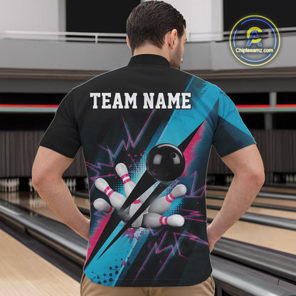 Custom Blue And Pink Synthwave Style Bowling Men Quarter-Zip Shirt, Team Bowling League Shirt IPHW9514