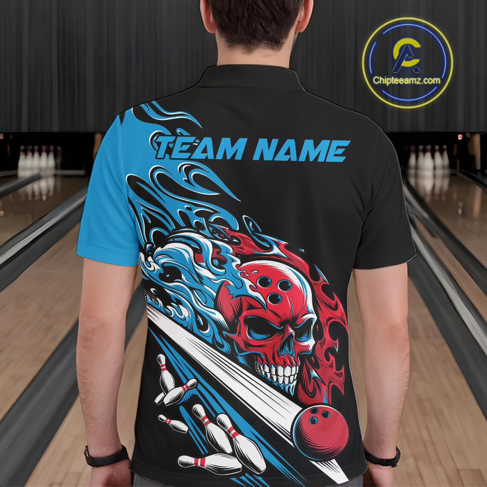 Custom Blue And Red Flame Skull Bowling Polo Shirt For Men, Halloween Bowling Jersey IPHW9888