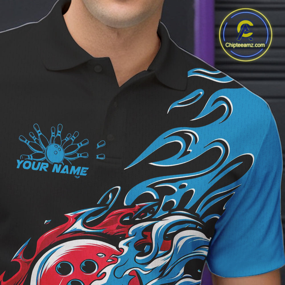 Custom Blue And Red Flame Skull Bowling Polo Shirt For Men, Halloween Bowling Jersey IPHW9888