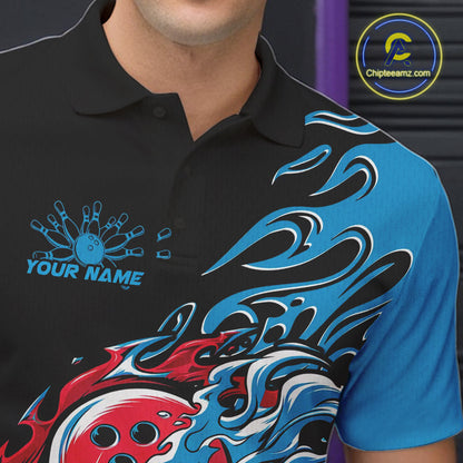 Custom Blue And Red Flame Skull Bowling Polo Shirt For Men, Halloween Bowling Jersey IPHW9888