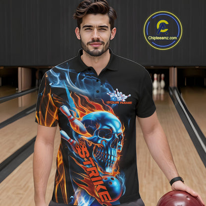 Custom Blue And Orange Fire Flame Strike Skull Bowling Men Polo Shirt, Halloween Outfit IPHW9890