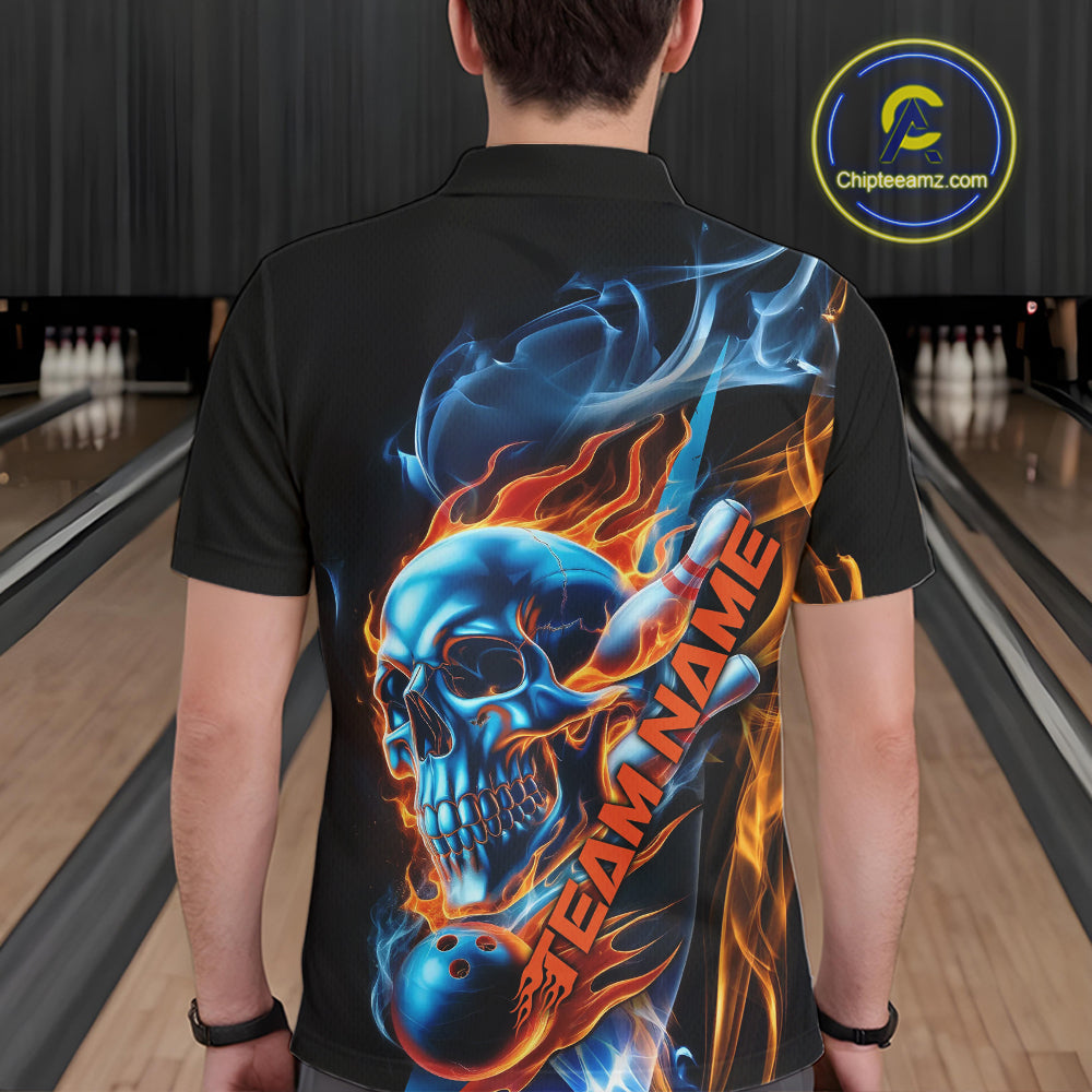 Custom Blue And Orange Fire Flame Strike Skull Bowling Men Polo Shirt, Halloween Outfit IPHW9890