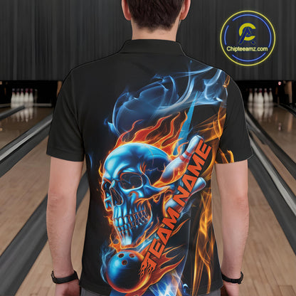 Custom Blue And Orange Fire Flame Strike Skull Bowling Men Polo Shirt, Halloween Outfit IPHW9890