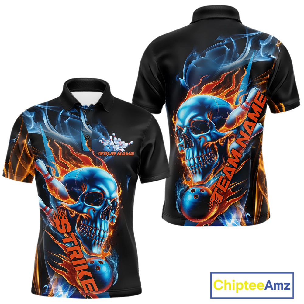 Custom Blue And Orange Fire Flame Strike Skull Bowling Men Polo Shirt, Halloween Outfit IPHW9890