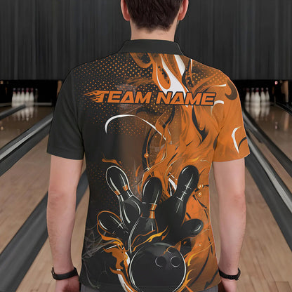 Black And Orange Custom Flame Bowling Polo Shirts For Men, Fire Bowling League Team Shirt IPHW8631