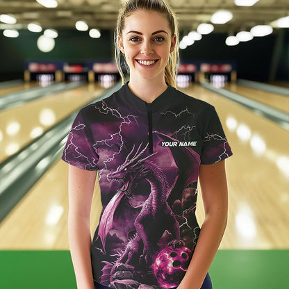 Black And Pink Thunder Lightning Custom Dragon Womens Bowling Team Shirts, Bowling Uniform IPHW8633