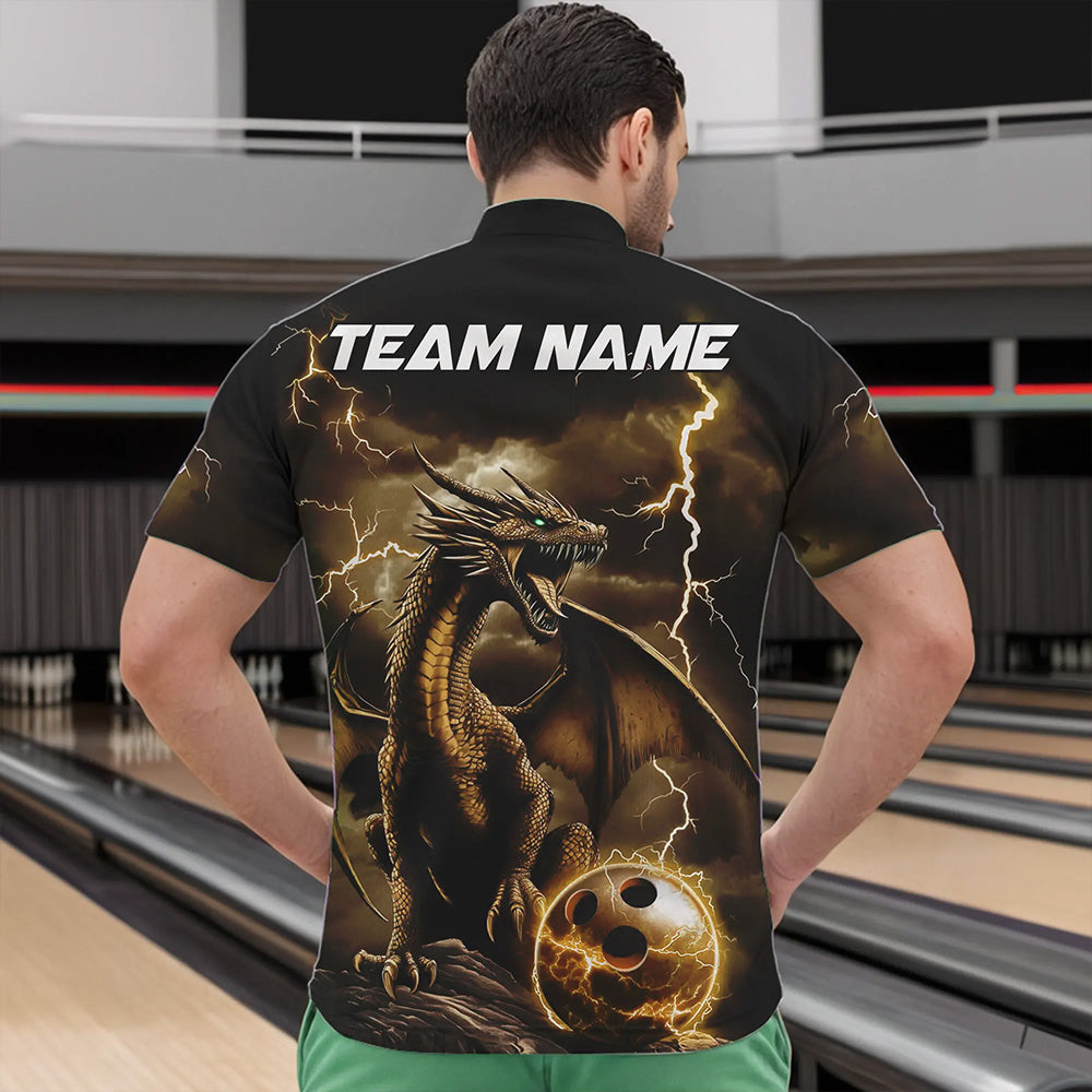 Black And Gold Thunder Lightning Custom Dragon Bowling Team Shirts For Men, Bowling Uniform IPHW8634