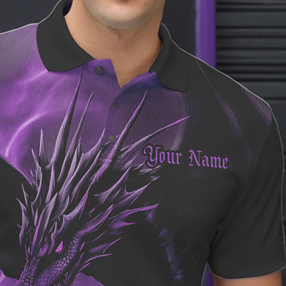 Black And Purple Custom Dragon Bowling Polo Shirts For Men, Dragon Bowling League Shirt IPHW8643