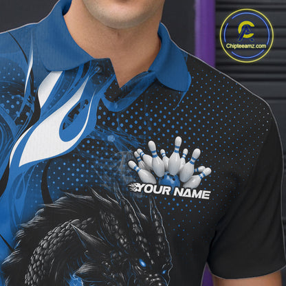 Custom Black And Blue Dragon Bowling Jerseys, Dragon Bowling Team Men Polo Shirt IPHW10268
