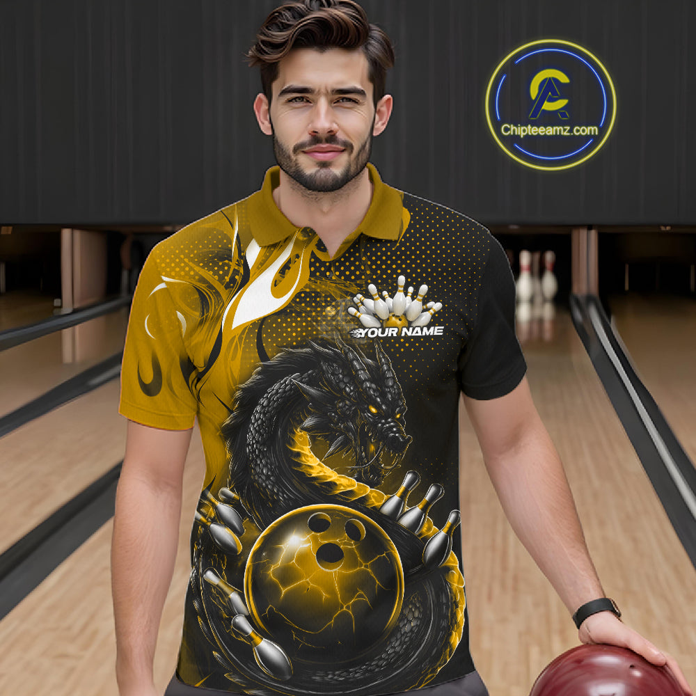 Custom Black And Yellow Dragon Bowling Jerseys, Dragon Bowling Team Men Polo Shirt IPHW10270