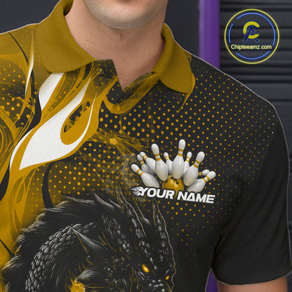Custom Black And Yellow Dragon Bowling Jerseys, Dragon Bowling Team Men Polo Shirt IPHW10270