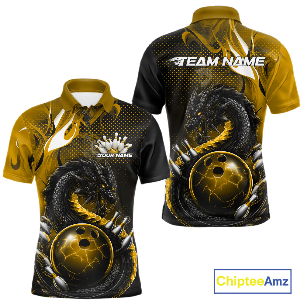 Custom Black And Yellow Dragon Bowling Jerseys, Dragon Bowling Team Men Polo Shirt IPHW10270