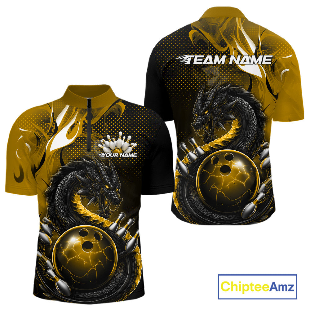 Custom Black And Yellow Dragon Bowling Jerseys, Dragon Bowling Team Men Quarter-Zip Shirt IPHW10270