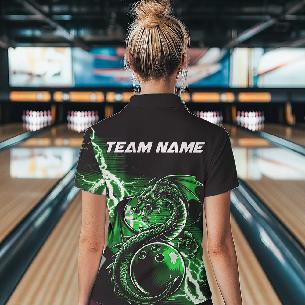 Custom Black And Green Thunder Lightning Dragon Bowling  Womens Polo Shirt, Bowlers Outfits IPHW8665
