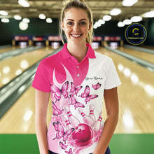 Load image into Gallery viewer, Custom White And Pink Butterfly Women Bowling Polo Shirts, Ladies Bowling League Shirt IPHW11336