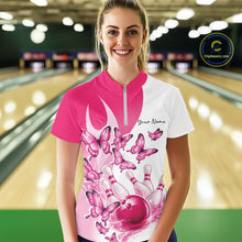 Load image into Gallery viewer, Custom White And Pink Butterfly Women Bowling Quarter-Zip Shirts, Ladies Bowling Shirt IPHW11336