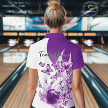 Load image into Gallery viewer, Custom White And Purple Butterfly Women Bowling Polo Shirts, Ladies Bowling League Shirt IPHW11337
