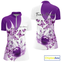 Load image into Gallery viewer, Front and back mockup of a womens white and purple bowling quarter zip featuring butterfly artwork and bowling-themed graphics