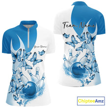 Load image into Gallery viewer, Custom White And Blue Butterfly Women Bowling Quarter-Zip Shirts, Ladies Bowling Shirt IPHW11338