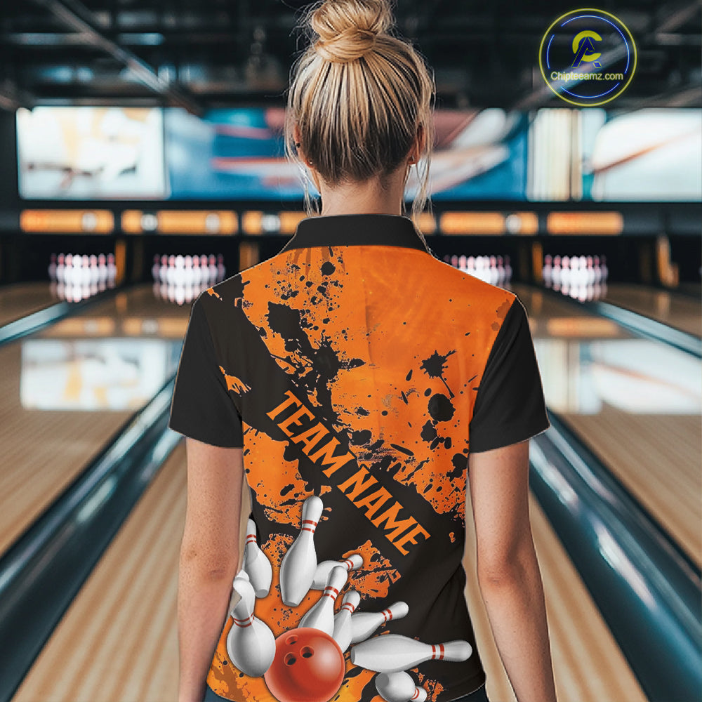 Split Happens Funny Orange Strike Bowling Women Quarter-Zip Shirts, Team Bowling Apparel IPHW6171