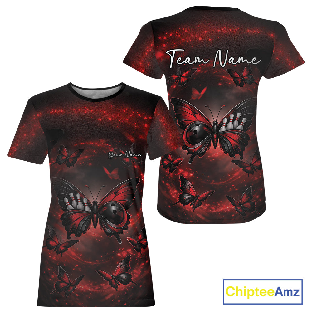 Front and back view of a women’s crewneck bowling T-shirt decorated with a red and black butterfly, bowling ball body artwork, and a smoky background.