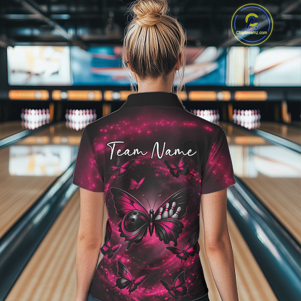 Back view of a female model wearing a bowling quarter-zip shirt featuring a pink and black butterfly with a bowling ball body and smoky accents.