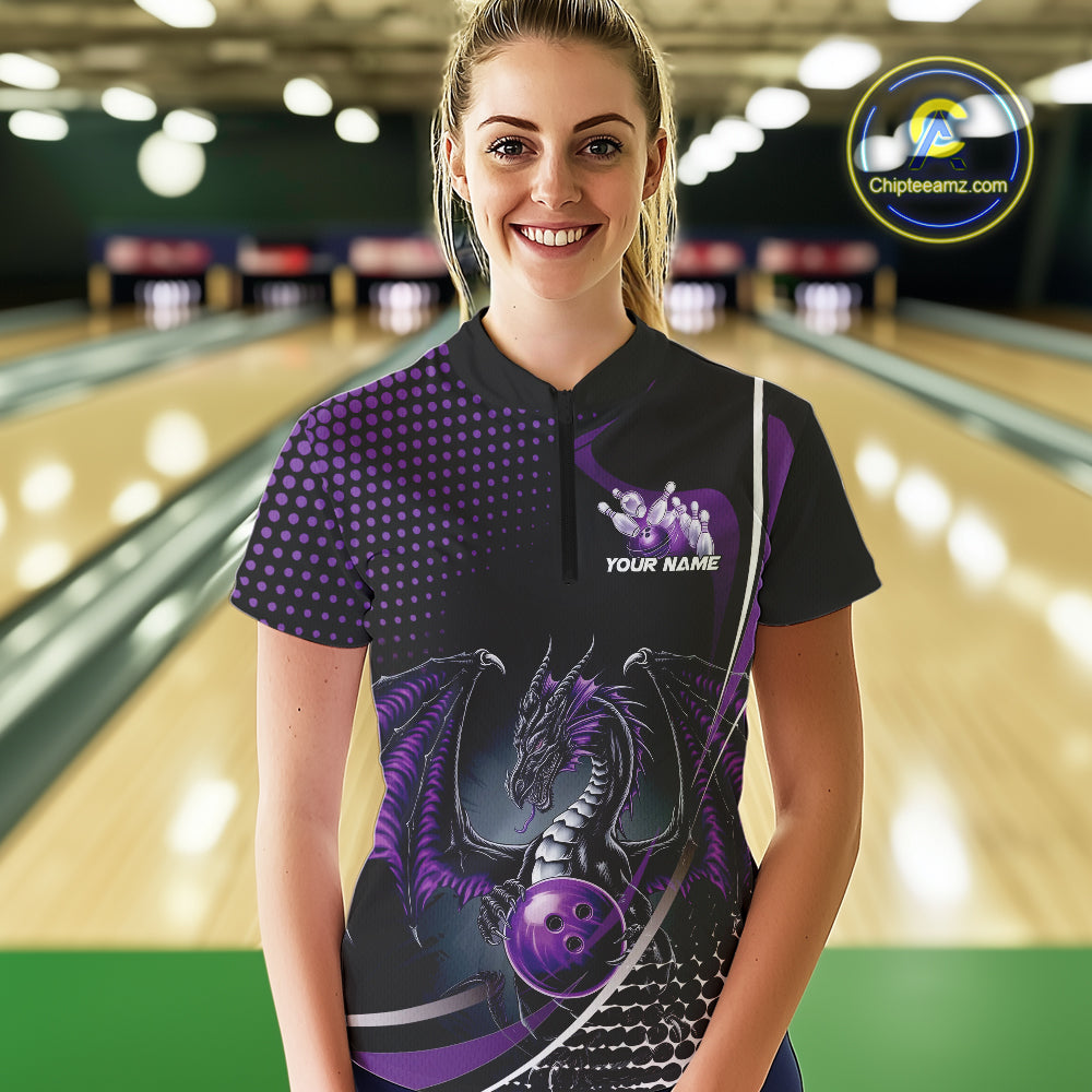 Custom Purple Dragon Bowling Jersey, Bowling Team Uniform Women Quarter-Zip Shirt IPHW9534