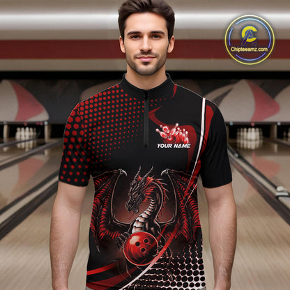 Custom Blue Dragon Bowling Jerseys, Mystical Bowling Team Uniform Quarter-Zip Shirts For Men IPHW9537