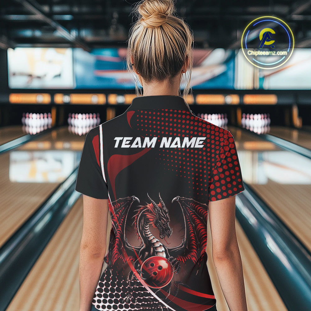 Custom Blue Dragon Bowling Jerseys, Mystical Bowling Team Uniform Women Quarter-Zip Shirt IPHW9537