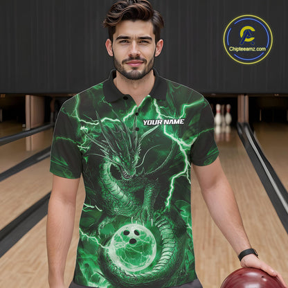 Custom Green Thunder Lightning Dragon Bowling Polo Shirts For Men, Team Uniform IPHW9759