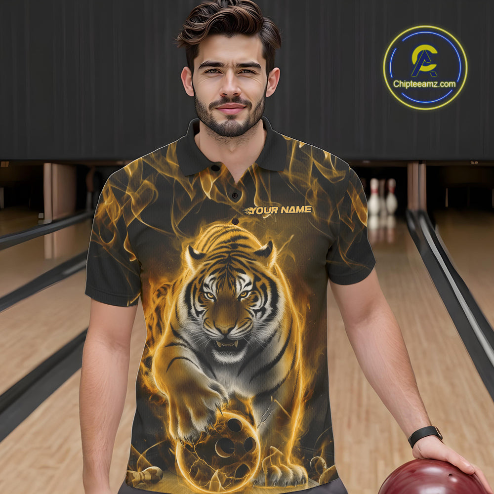 Custom Yellow Flame Tiger Bowling Polo Shirts For Men, Tiger Bowling Team Shirt IPHW9763